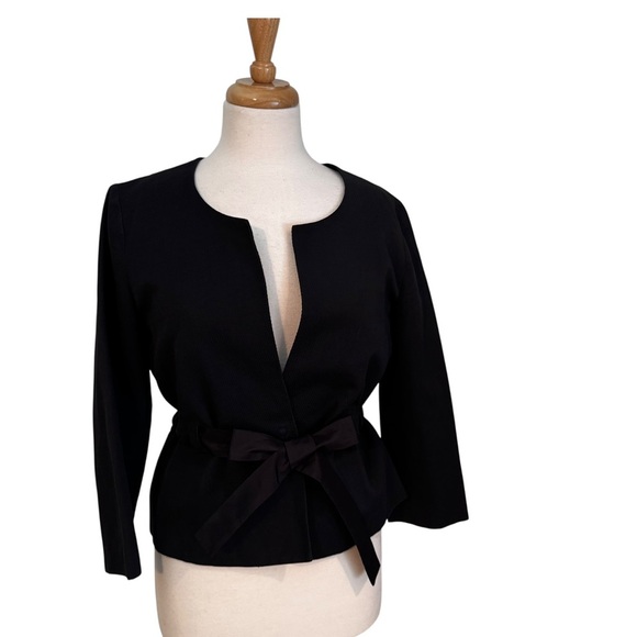 Theory Linen Cotton Blend Blazer Jacket with Ribbon Tie Black Size 8 - Picture 4 of 11